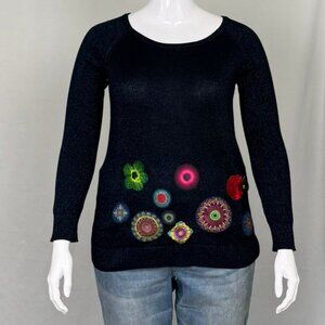 Desigual Navy Metallic Thread Sweater with Floral Embroidery-Size XL